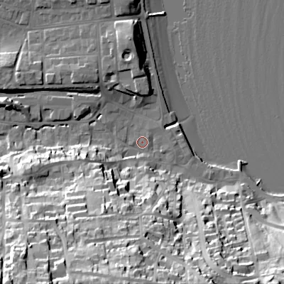 Shaded relief map of the ground around BH191EH, computed from Environment Agency LiDAR. The ground here sits at about 3 m above sea level and falls 53 m across the surrounding 800 m. Surface water reaching this point runs off ground lying to the south-south-west, 24.8 m higher.