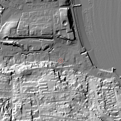 Shaded relief map of the ground around BH191ER, computed from Environment Agency LiDAR. The ground here sits at about 2 m above sea level and falls 54 m across the surrounding 800 m. Surface water reaching this point runs off ground lying to the south-south-west, 31.6 m higher.
