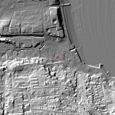 Shaded relief map of the ground around BH191ES, computed from Environment Agency LiDAR. The ground here sits at about 2 m above sea level and falls 54 m across the surrounding 800 m. Surface water reaching this point runs off ground lying to the south-south-west, 24.8 m higher.