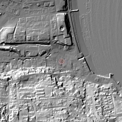 Shaded relief map of the ground around BH191EU, computed from Environment Agency LiDAR. The ground here sits at about 2 m above sea level and falls 50 m across the surrounding 800 m. Surface water reaching this point runs off ground lying to the south-south-west, 31.6 m higher.