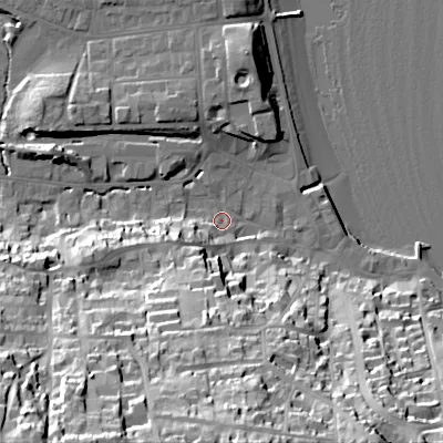 Shaded relief map of the ground around BH191EX, computed from Environment Agency LiDAR. The ground here sits at about 2 m above sea level and falls 54 m across the surrounding 800 m. Surface water reaching this point runs off ground lying to the south-south-west, 31.6 m higher.