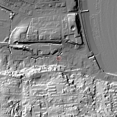 Shaded relief map of the ground around BH191EY, computed from Environment Agency LiDAR. The ground here sits at about 2 m above sea level and falls 51 m across the surrounding 800 m. Surface water reaching this point runs off ground lying to the south-south-west, 10.0 m higher.
