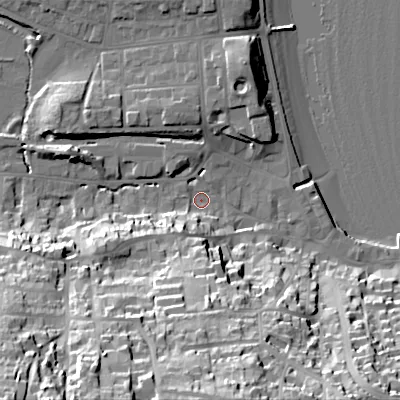 Shaded relief map of the ground around BH191HA, computed from Environment Agency LiDAR. The ground here sits at about 2 m above sea level and falls 53 m across the surrounding 800 m. Surface water reaching this point runs off ground lying to the south-west, 10.0 m higher.