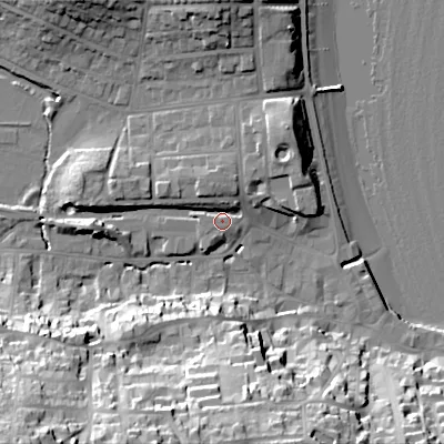 Shaded relief map of the ground around BH191HB, computed from Environment Agency LiDAR. The ground here sits at about 5 m above sea level and falls 43 m across the surrounding 800 m. Surface water reaching this point runs off ground lying to the north-north-west, 5.3 m higher.