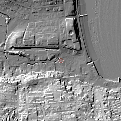 Shaded relief map of the ground around BH191HE, computed from Environment Agency LiDAR. The ground here sits at about 3 m above sea level and falls 48 m across the surrounding 800 m. Surface water reaching this point runs off ground lying to the south-west, 46.3 m higher.