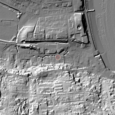 Shaded relief map of the ground around BH191HF, computed from Environment Agency LiDAR. The ground here sits at about 3 m above sea level and falls 52 m across the surrounding 800 m. Surface water reaching this point runs off ground lying to the south-west, 49.7 m higher.