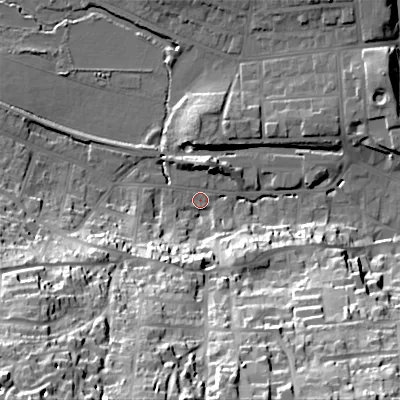Shaded relief map of the ground around BH191HG, computed from Environment Agency LiDAR. The ground here sits at about 3 m above sea level and falls 55 m across the surrounding 800 m. Surface water reaching this point runs off ground lying to the south-west, 52.5 m higher.
