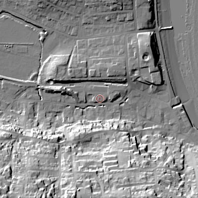 Shaded relief map of the ground around BH191HP, computed from Environment Agency LiDAR. The ground here sits at about 4 m above sea level and falls 48 m across the surrounding 800 m. Surface water reaching this point runs off ground lying to the south-west, 45.0 m higher.