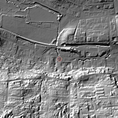Shaded relief map of the ground around BH191HQ, computed from Environment Agency LiDAR. The ground here sits at about 4 m above sea level and falls 58 m across the surrounding 800 m. Surface water reaching this point runs off ground lying to the south-west, 52.3 m higher.