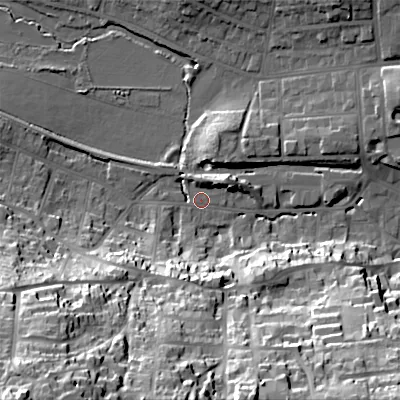 Shaded relief map of the ground around BH191HR, computed from Environment Agency LiDAR. The ground here sits at about 4 m above sea level and falls 52 m across the surrounding 800 m. Surface water reaching this point runs off ground lying to the south-west, 49.3 m higher.