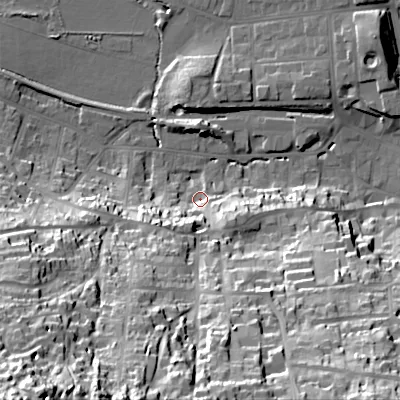 Shaded relief map of the ground around BH191HU, computed from Environment Agency LiDAR. The ground here sits at about 5 m above sea level and falls 68 m across the surrounding 800 m. Surface water reaching this point runs off ground lying to the south-south-west, 56.6 m higher.