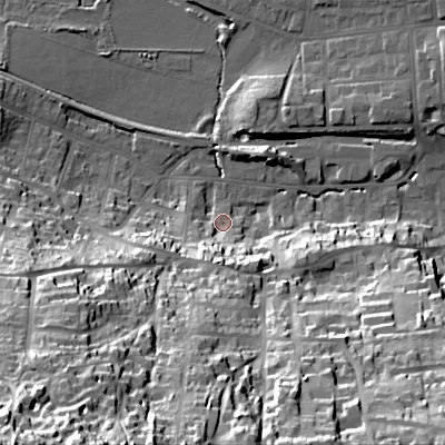 Shaded relief map of the ground around BH191HY, computed from Environment Agency LiDAR. The ground here sits at about 6 m above sea level and falls 66 m across the surrounding 800 m. Surface water reaching this point runs off ground lying to the south-south-west, 34.3 m higher.
