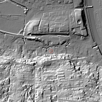 Shaded relief map of the ground around BH191JP, computed from Environment Agency LiDAR. The ground here sits at about 3 m above sea level and falls 57 m across the surrounding 800 m. Surface water reaching this point runs off ground lying to the south-south-west, 13.4 m higher.