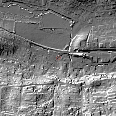 Shaded relief map of the ground around BH191JU, computed from Environment Agency LiDAR. The ground here sits at about 4 m above sea level and falls 50 m across the surrounding 800 m. Surface water reaching this point runs off ground lying to the south-west, 46.4 m higher.