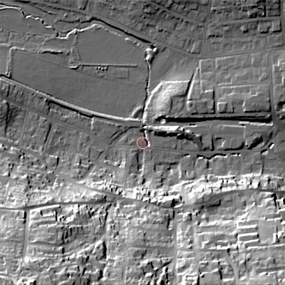 Shaded relief map of the ground around BH191JY, computed from Environment Agency LiDAR. The ground here sits at about 4 m above sea level and falls 52 m across the surrounding 800 m. Surface water reaching this point runs off ground lying to the south-west, 42.6 m higher.