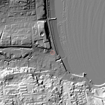 Shaded relief map of the ground around BH191LA, computed from Environment Agency LiDAR. The ground here sits at about 3 m above sea level and falls 41 m across the surrounding 800 m. Surface water reaching this point runs off ground lying to the south-west, 38.5 m higher.