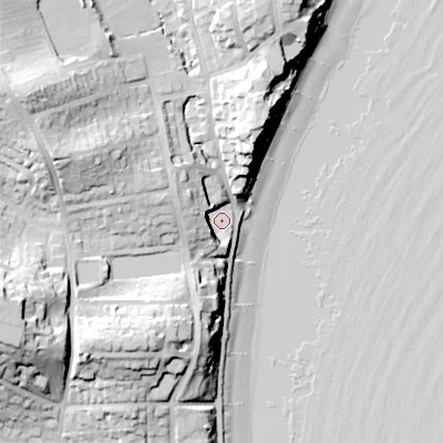 Shaded relief map of the ground around BH191LD, computed from Environment Agency LiDAR. The ground here sits at about 4 m above sea level and falls 32 m across the surrounding 800 m. Surface water reaching this point runs off ground lying to the west-north-west, 27.0 m higher.