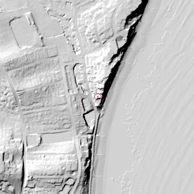 Shaded relief map of the ground around BH191LH, computed from Environment Agency LiDAR. The ground here sits at about 12 m above sea level and falls 32 m across the surrounding 800 m. Surface water reaching this point runs off ground lying to the north-north-east, 12.2 m higher.