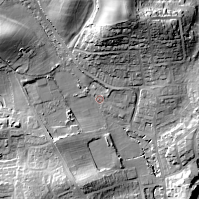 Shaded relief map of the ground around BH191NQ, computed from Environment Agency LiDAR. The ground here sits at about 19 m above sea level and falls 47 m across the surrounding 800 m. Surface water reaching this point runs off ground lying to the north-north-east, 29.2 m higher.