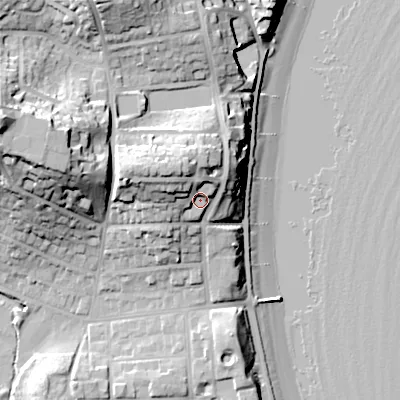Shaded relief map of the ground around BH191NS, computed from Environment Agency LiDAR. The ground here sits at about 14 m above sea level and falls 36 m across the surrounding 800 m. Surface water reaching this point runs off ground lying to the west-north-west, 11.2 m higher.