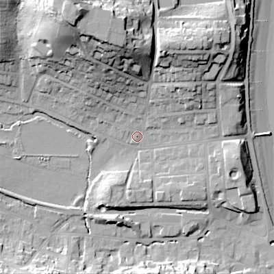 Shaded relief map of the ground around BH191PW, computed from Environment Agency LiDAR. The ground here sits at about 5 m above sea level and falls 36 m across the surrounding 800 m. Surface water reaching this point runs off ground lying to the north, 21.2 m higher.