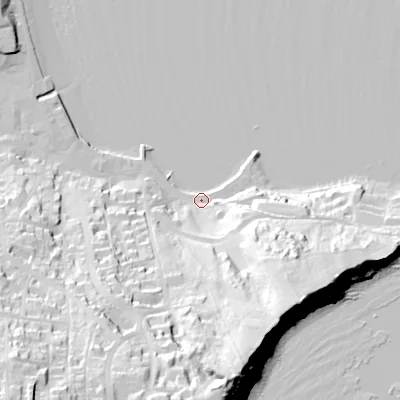 Shaded relief map of the ground around BH192AP, computed from Environment Agency LiDAR. The ground here sits at about 3 m above sea level and falls 65 m across the surrounding 800 m. Surface water reaching this point runs off ground lying to the south-south-east, 44.3 m higher.