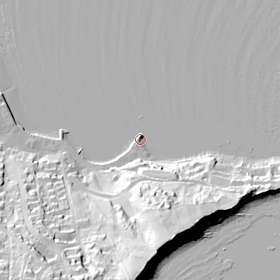 Shaded relief map of the ground around BH192AR, computed from Environment Agency LiDAR. The ground here sits at about 1 m above sea level and falls 53 m across the surrounding 800 m. Surface water reaching this point runs off ground lying to the south-south-east, 37.9 m higher.