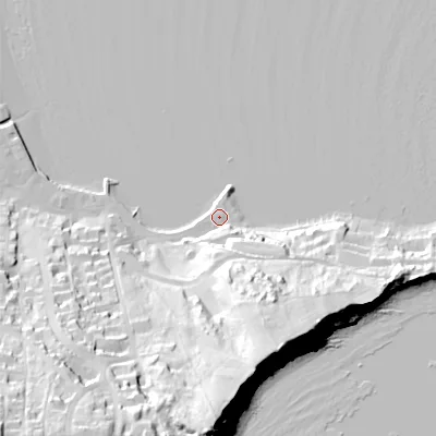 Shaded relief map of the ground around BH192AW, computed from Environment Agency LiDAR. The ground here sits at about 2 m above sea level and falls 60 m across the surrounding 800 m. Surface water reaching this point runs off ground lying to the south-south-east, 14.7 m higher.