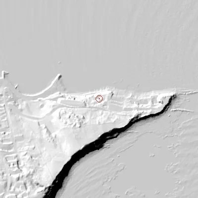 Shaded relief map of the ground around BH192BB, computed from Environment Agency LiDAR. The ground here sits at about 6 m above sea level and falls 60 m across the surrounding 800 m. Surface water reaching this point runs off ground lying to the south-south-west, 33.5 m higher.