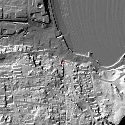 Shaded relief map of the ground around BH192BY, computed from Environment Agency LiDAR. The ground here sits at about 5 m above sea level and falls 65 m across the surrounding 800 m. Surface water reaching this point runs off ground lying to the south-south-west, 56.8 m higher.