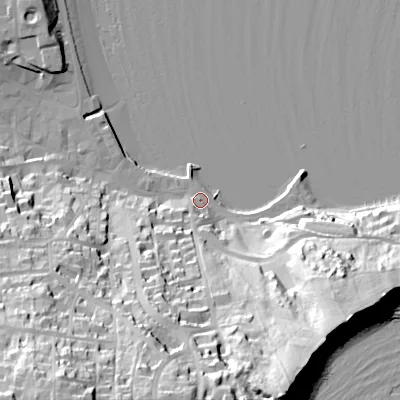 Shaded relief map of the ground around BH192FH, computed from Environment Agency LiDAR. The ground here sits at about 3 m above sea level and falls 62 m across the surrounding 800 m. Surface water reaching this point runs off ground lying to the south-south-west, 53.4 m higher.