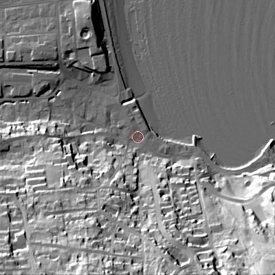 Shaded relief map of the ground around BH192LJ, computed from Environment Agency LiDAR. The ground here sits at about 3 m above sea level and falls 57 m across the surrounding 800 m. Surface water reaching this point runs off ground lying to the south-south-west, 54.7 m higher.