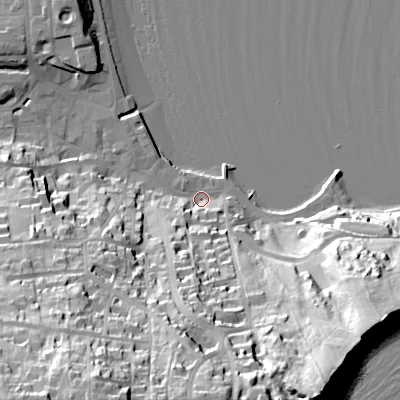 Shaded relief map of the ground around BH192LN, computed from Environment Agency LiDAR. The ground here sits at about 2 m above sea level and falls 62 m across the surrounding 800 m. Surface water reaching this point runs off ground lying to the south-south-west, 53.7 m higher.