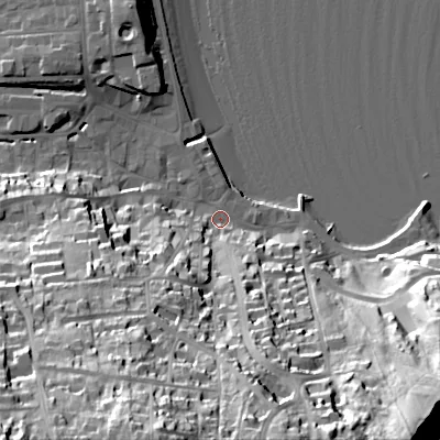 Shaded relief map of the ground around BH192LR, computed from Environment Agency LiDAR. The ground here sits at about 3 m above sea level and falls 63 m across the surrounding 800 m. Surface water reaching this point runs off ground lying to the south-south-west, 56.5 m higher.