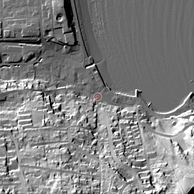 Shaded relief map of the ground around BH192LS, computed from Environment Agency LiDAR. The ground here sits at about 3 m above sea level and falls 61 m across the surrounding 800 m. Surface water reaching this point runs off ground lying to the south-west, 58.7 m higher.