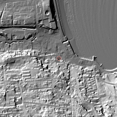 Shaded relief map of the ground around BH192LT, computed from Environment Agency LiDAR. The ground here sits at about 3 m above sea level and falls 60 m across the surrounding 800 m. Surface water reaching this point runs off ground lying to the south, 54.6 m higher.