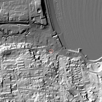 Shaded relief map of the ground around BH192LU, computed from Environment Agency LiDAR. The ground here sits at about 3 m above sea level and falls 60 m across the surrounding 800 m. Surface water reaching this point runs off ground lying to the south-west, 58.2 m higher.