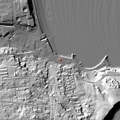 Shaded relief map of the ground around BH192NT, computed from Environment Agency LiDAR. The ground here sits at about 3 m above sea level and falls 60 m across the surrounding 800 m. Surface water reaching this point runs off ground lying to the south, 49.6 m higher.