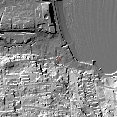 Shaded relief map of the ground around BH192NU, computed from Environment Agency LiDAR. The ground here sits at about 3 m above sea level and falls 56 m across the surrounding 800 m. Surface water reaching this point runs off ground lying to the south-west, 54.3 m higher.