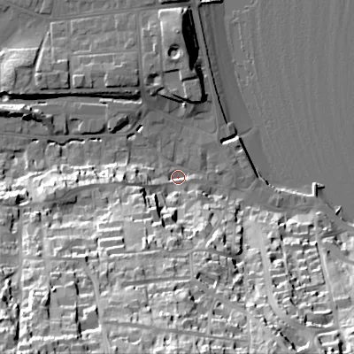 Shaded relief map of the ground around BH192NX, computed from Environment Agency LiDAR. The ground here sits at about 2 m above sea level and falls 59 m across the surrounding 800 m. Surface water reaching this point runs off ground lying to the south, 24.8 m higher.