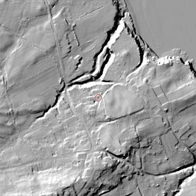 Shaded relief map of the ground around BH193AP, computed from Environment Agency LiDAR. The ground here sits at about 25 m above sea level and falls 57 m across the surrounding 800 m. Surface water reaching this point runs off ground lying to the south-south-east, 7.4 m higher.