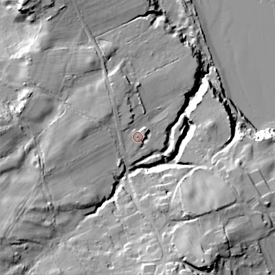 Shaded relief map of the ground around BH193AQ, computed from Environment Agency LiDAR. The ground here sits at about 22 m above sea level and falls 43 m across the surrounding 800 m. Surface water reaching this point runs off ground lying to the west, 4.5 m higher.