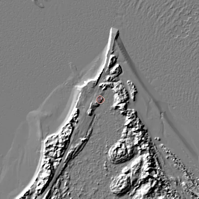 Shaded relief map of the ground around BH193BA, computed from Environment Agency LiDAR. The ground here sits at about 2 m above sea level and falls 10 m across the surrounding 800 m. Surface water reaching this point runs off ground lying to the south-west, 5.1 m higher.
