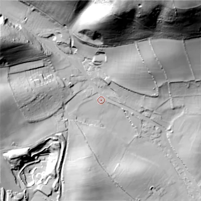 Shaded relief map of the ground around BH193DG, computed from Environment Agency LiDAR. The ground here sits at about 38 m above sea level and falls 132 m across the surrounding 800 m. Surface water reaching this point runs off ground lying to the north-north-east, 108.3 m higher.