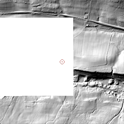 Shaded relief map of the ground around BH193DY, computed from Environment Agency LiDAR. and falls 64 m across the surrounding 800 m.