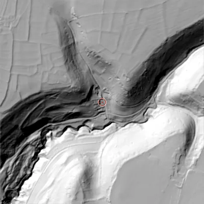 Shaded relief map of the ground around BH193LT, computed from Environment Agency LiDAR. The ground here sits at about 69 m above sea level and falls 111 m across the surrounding 800 m. Surface water reaching this point runs off ground lying to the north-west, 72.4 m higher.