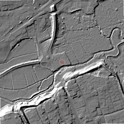Shaded relief map of the ground around BH204AP, computed from Environment Agency LiDAR. The ground here sits at about 2 m above sea level and falls 19 m across the surrounding 800 m. Surface water reaching this point runs off ground lying to the north-north-west, 3.4 m higher.