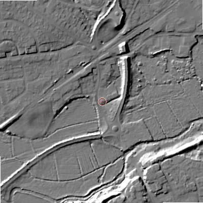 Shaded relief map of the ground around BH204AR, computed from Environment Agency LiDAR. The ground here sits at about 2 m above sea level and falls 16 m across the surrounding 800 m. Surface water reaching this point runs off ground lying to the north-north-west, 4.8 m higher.