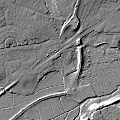 Shaded relief map of the ground around BH204AS, computed from Environment Agency LiDAR. The ground here sits at about 3 m above sea level and falls 15 m across the surrounding 800 m. Surface water reaching this point runs off ground lying to the north-north-west, 3.3 m higher.