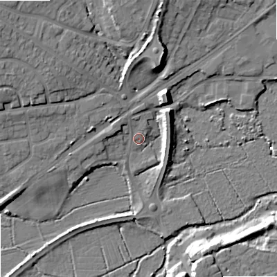Shaded relief map of the ground around BH204AT, computed from Environment Agency LiDAR. The ground here sits at about 3 m above sea level and falls 13 m across the surrounding 800 m. Surface water reaching this point runs off ground lying to the west-north-west, 4.8 m higher.